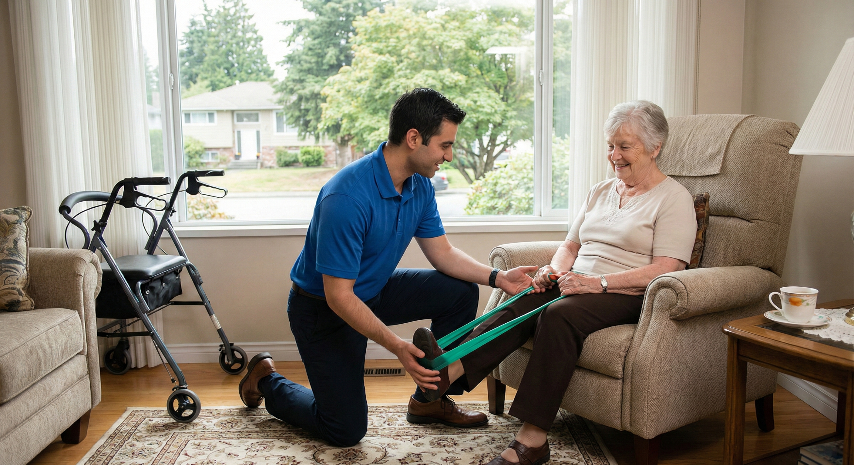 Physiotherapist treating an older woman in her home with a resistance band